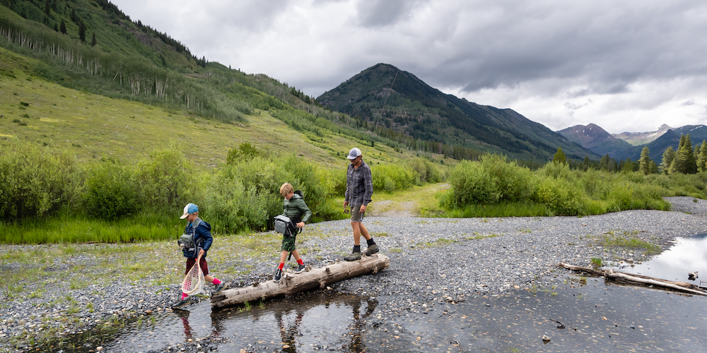 Father and sons walking on driftwood along aspen river shoreline 